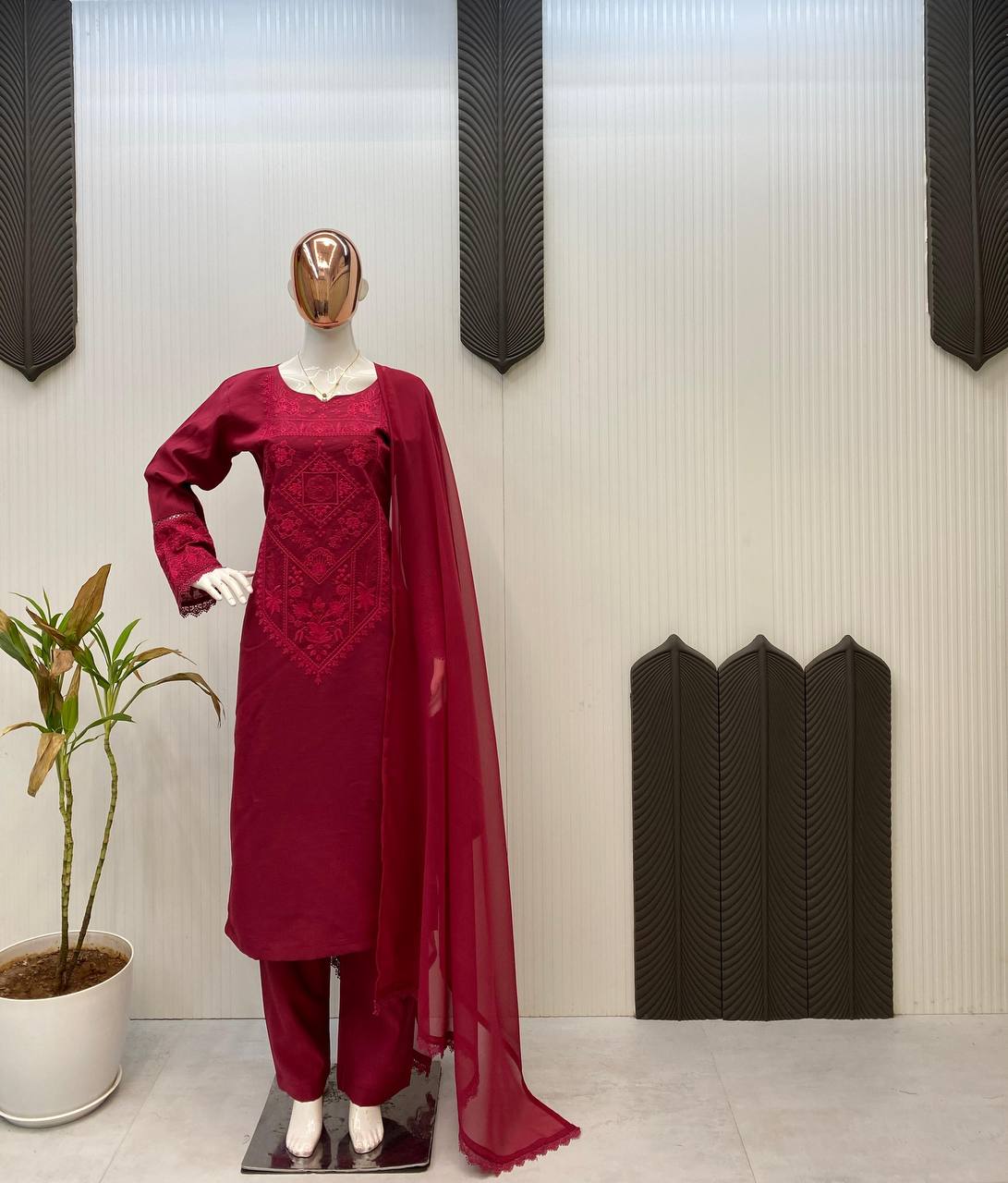 Roman Silk Embroidered Kurti Pant Set with Georgette GPO Lace Dupatta