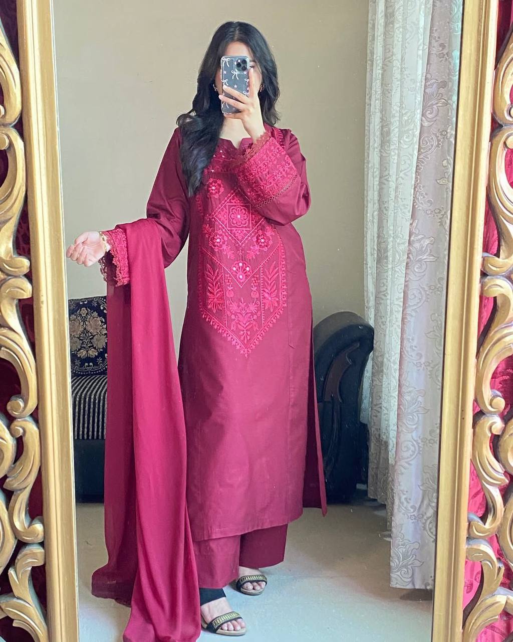 Roman Silk Embroidered Kurti Pant Set with Georgette GPO Lace Dupatta