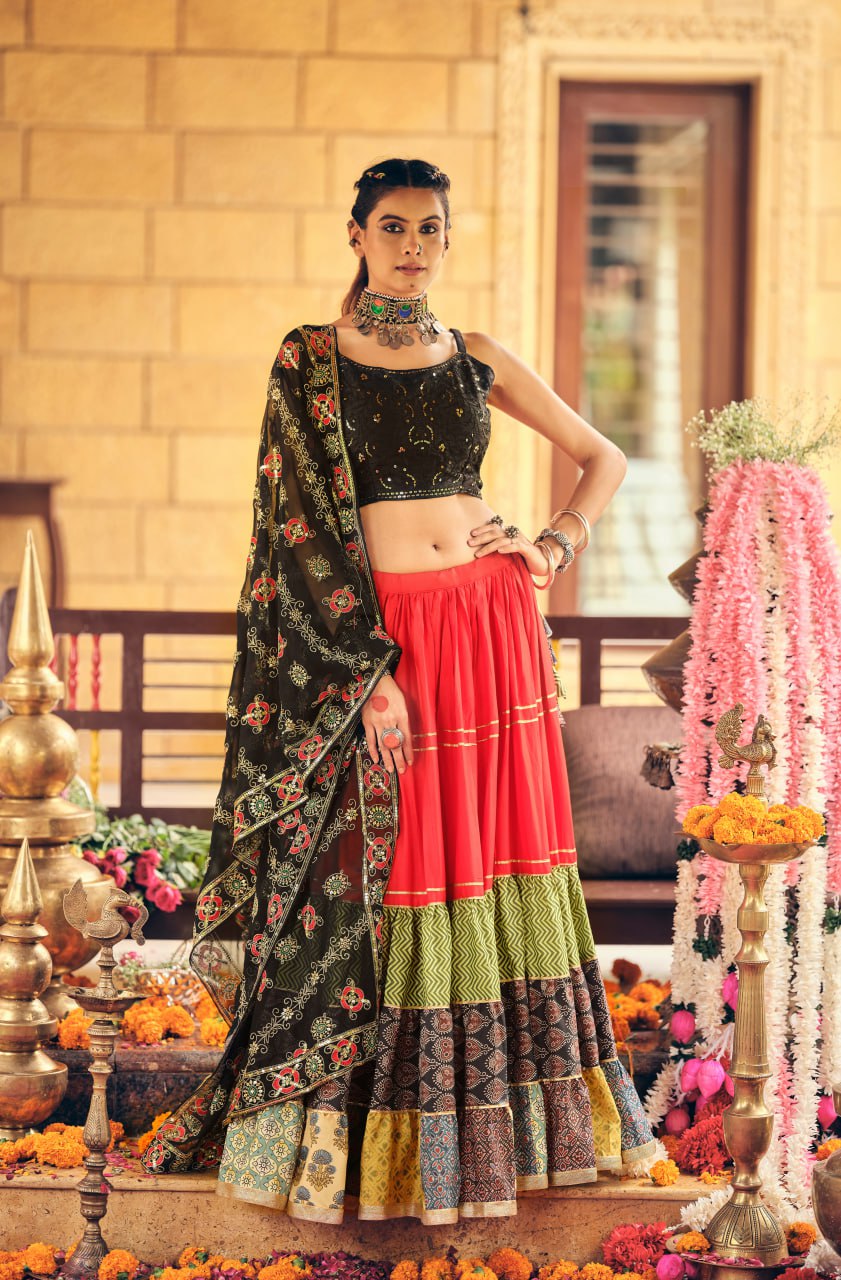 Premium Rayon & Cotton Embroidery Lehenga Choli with Georgette Dupatta – 7 Meter Ruffle Flair
