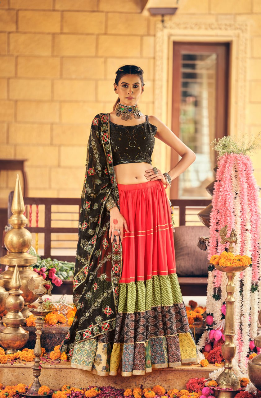 Premium Rayon & Cotton Embroidery Lehenga Choli with Georgette Dupatta – 7 Meter Ruffle Flair