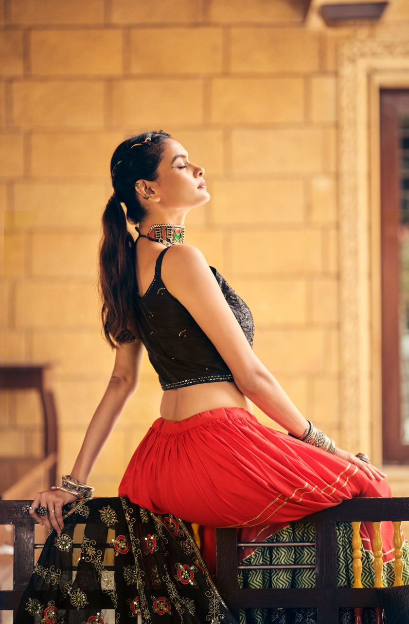 Premium Rayon & Cotton Embroidery Lehenga Choli with Georgette Dupatta – 7 Meter Ruffle Flair