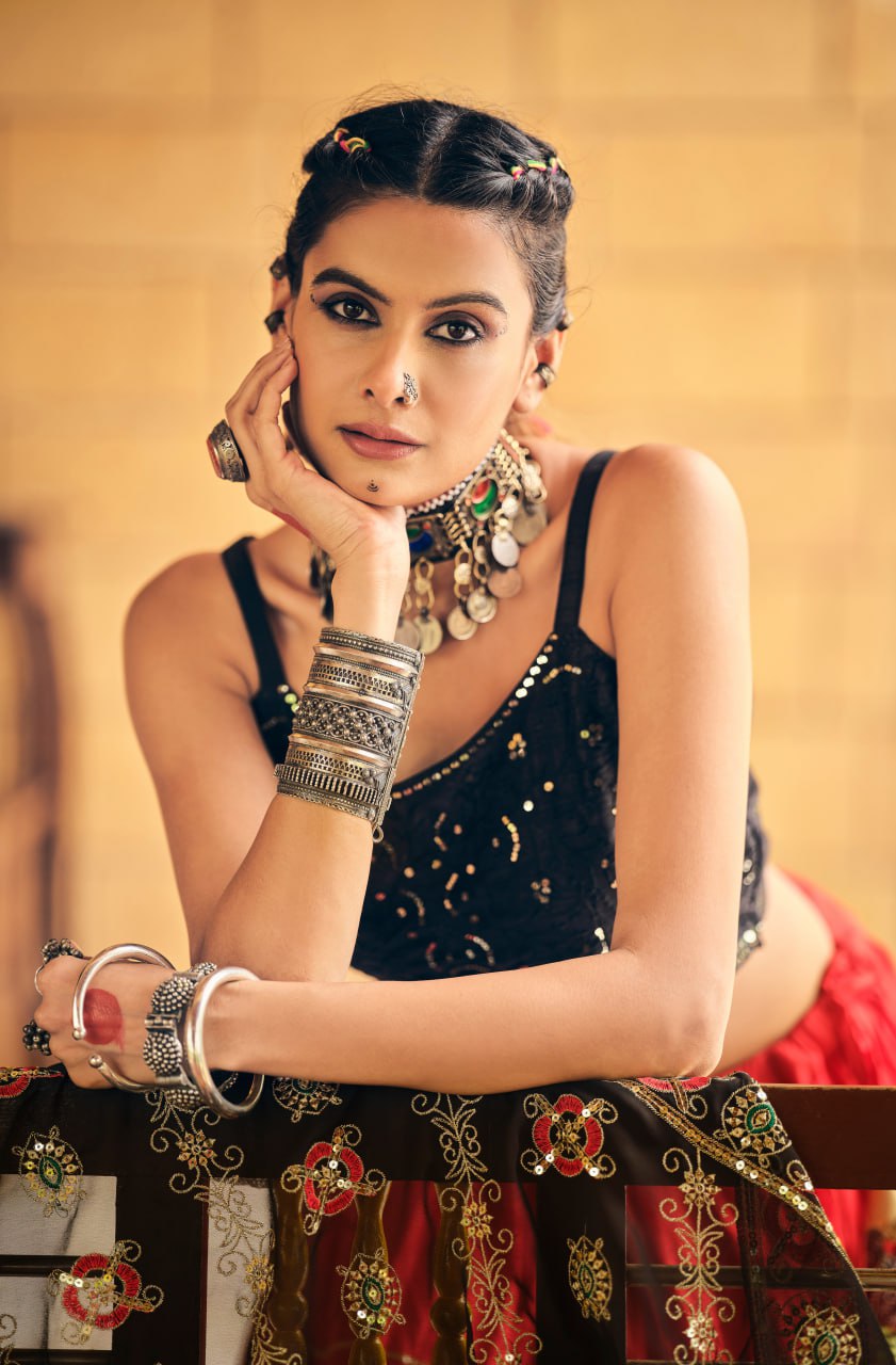 Premium Rayon & Cotton Embroidery Lehenga Choli with Georgette Dupatta – 7 Meter Ruffle Flair