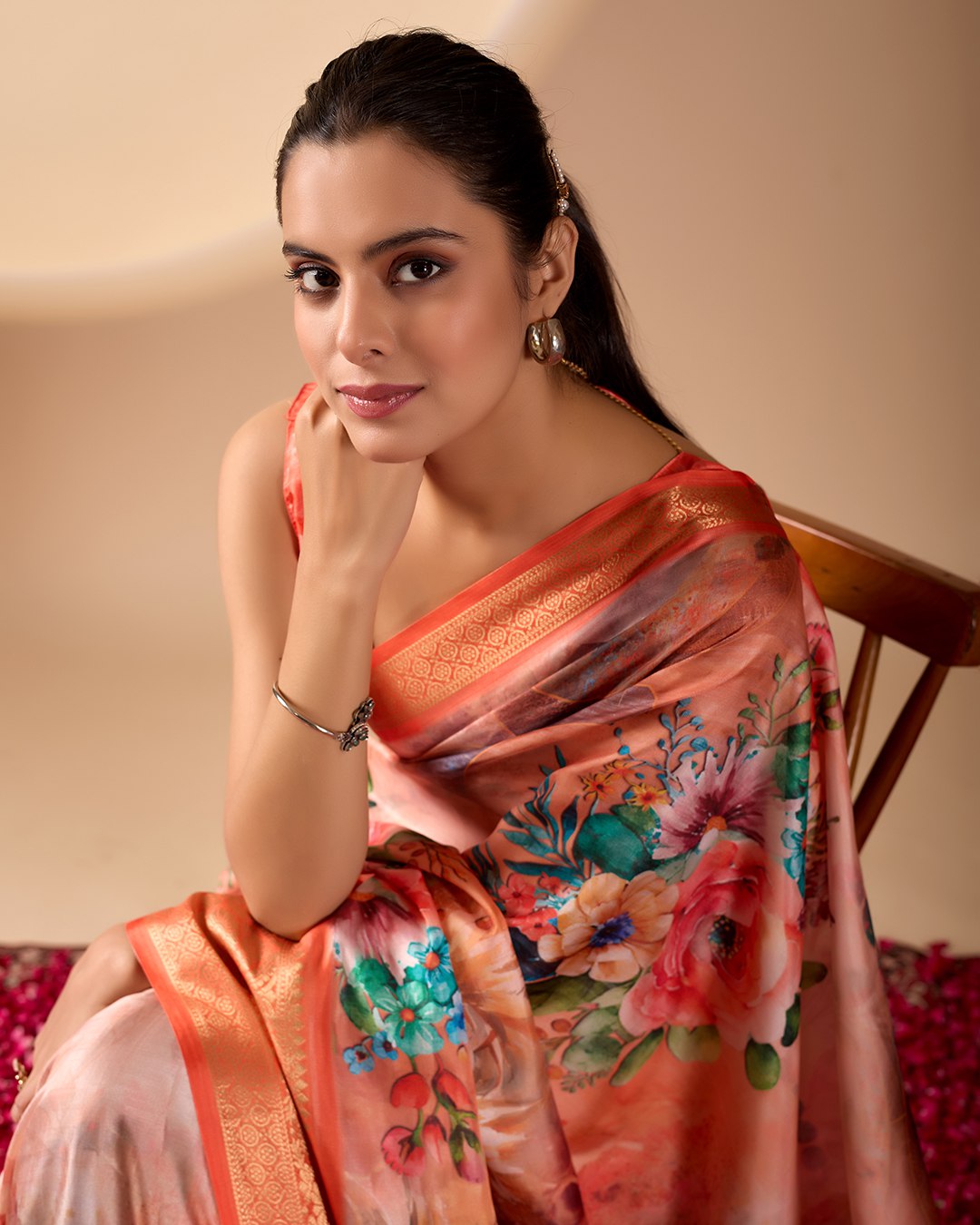 Luxurious Coral Soft Lichi Silk Saree with Elegant Floral Patterns and Zari Border