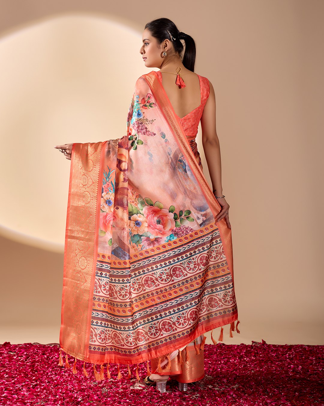 Luxurious Coral Soft Lichi Silk Saree with Elegant Floral Patterns and Zari Border